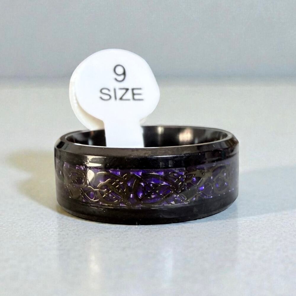 Black Stainless Steel Ring Gold Celtic Irish Weave Design Over Purple Inlay NEW